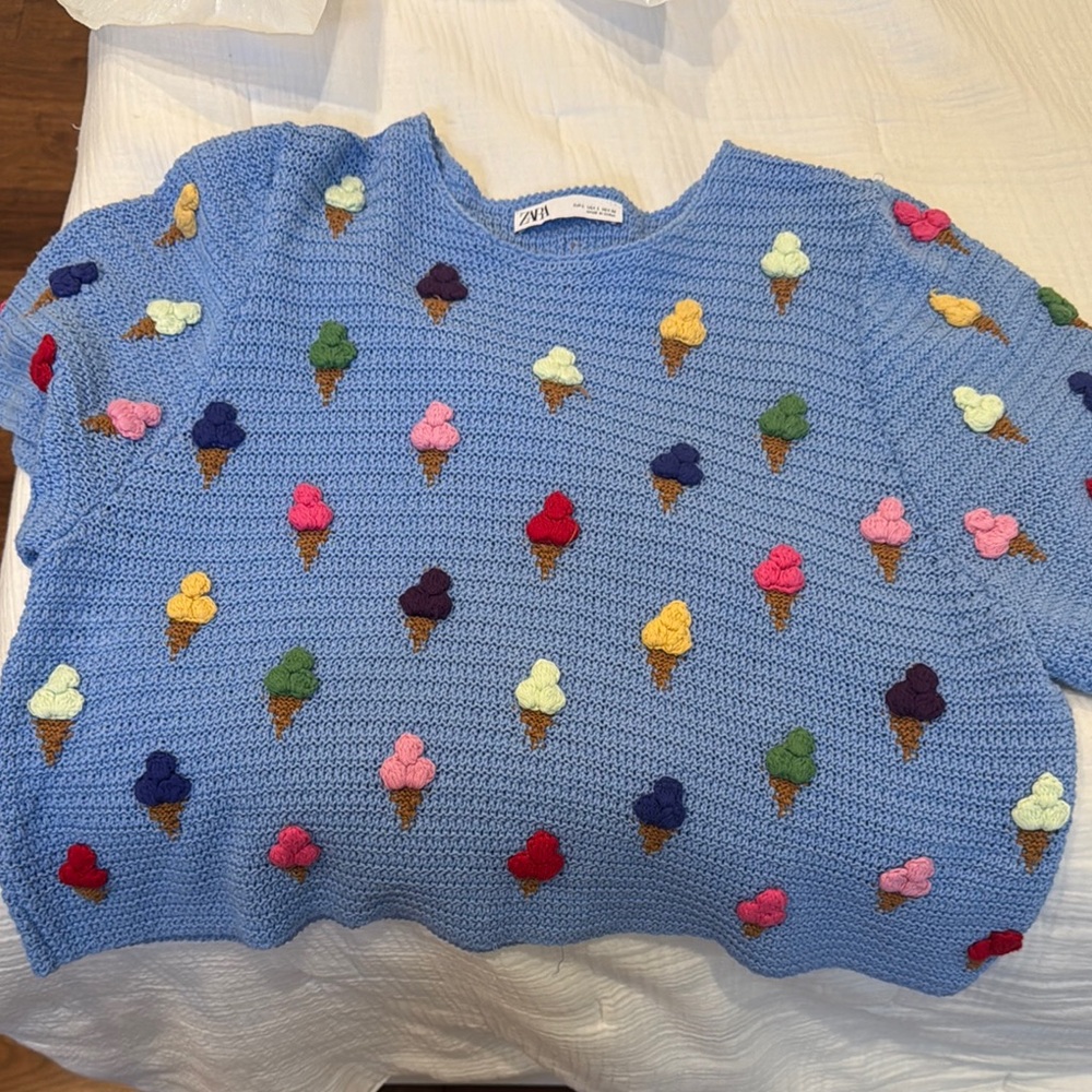 Zara Blue Crew Neck Sweater with Colorful Pom-Poms